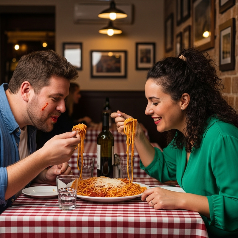 Overweight Man and Woman Eating Spaghetti Together Overweight Man and Woman Eating Spaghetti Together