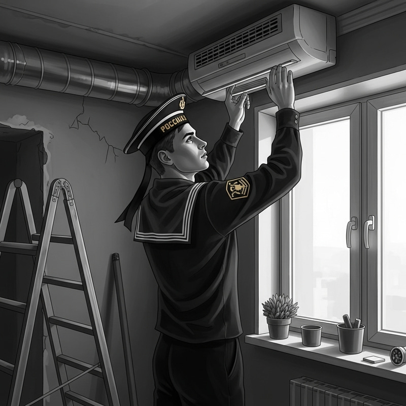 Vintage Russian Sailor Installing Ventilation System in Renovated Apartment Vintage Russian Sailor Installing Ventilation System in Renovated Apartment