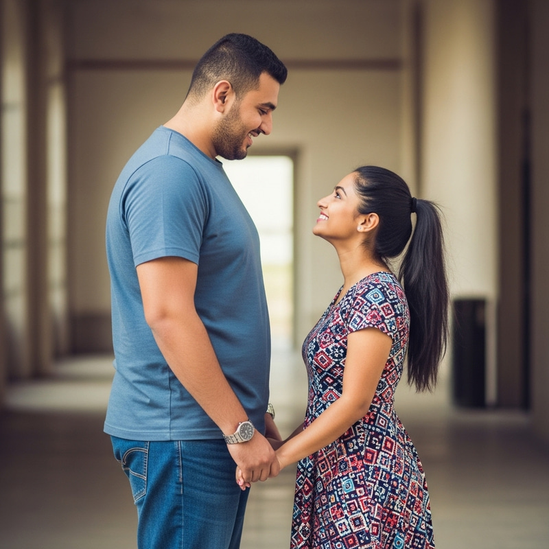 Affectionate Couple: Sweet Moment of Tall Chubby Man and Tiny Girlfriend
