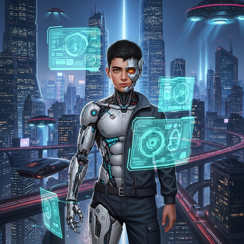 Teenage Cyborg in Futuristic City with Advanced Technology Teenage Cyborg in Futuristic City with Advanced Technology