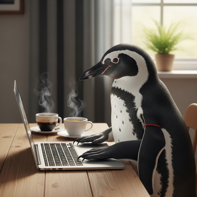 Cute Penguin Typing on MacBook with Coffee Cups Cute Penguin Typing on MacBook with Coffee Cups