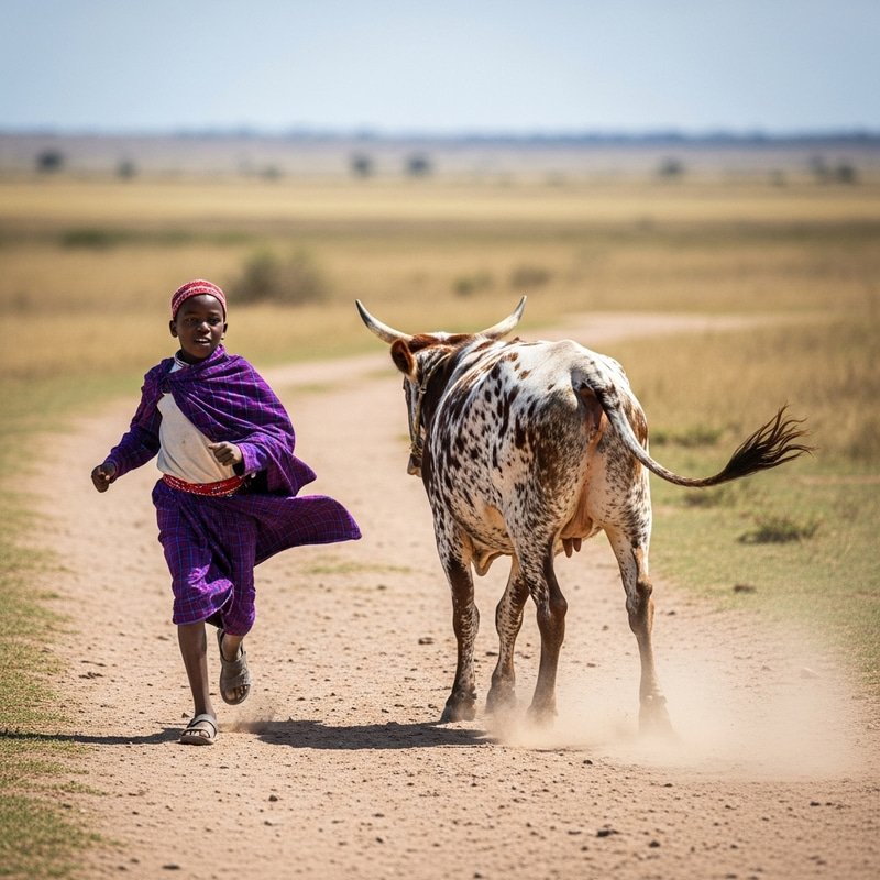 Adventurous African Boy Plays with Cow on Savannah Path Adventurous African Boy Plays with Cow on Savannah Path