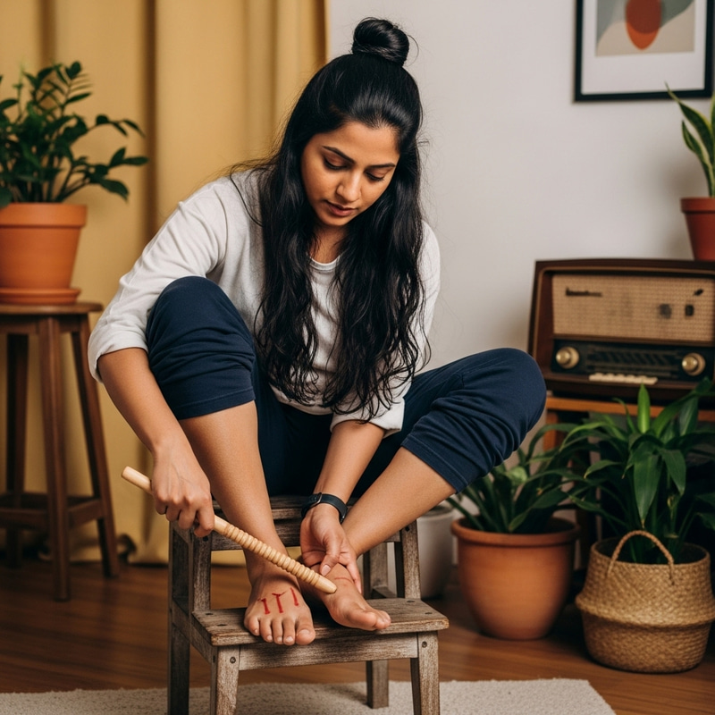 South Asian Woman Hitting Feet Stick Marks Discomfort Alleviation South Asian Woman Hitting Feet Stick Marks Discomfort Alleviation
