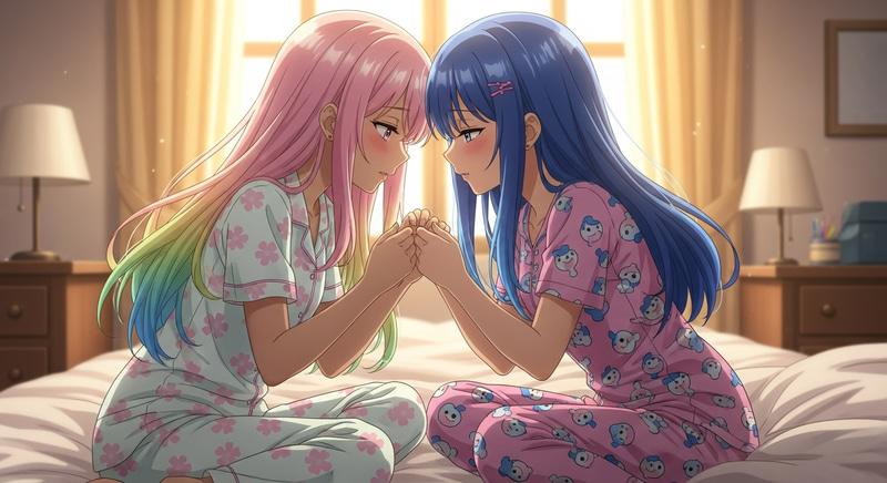 Tender Moment of Connection: Ethereal Anime Girls' First Kiss in Cozy Bedroom