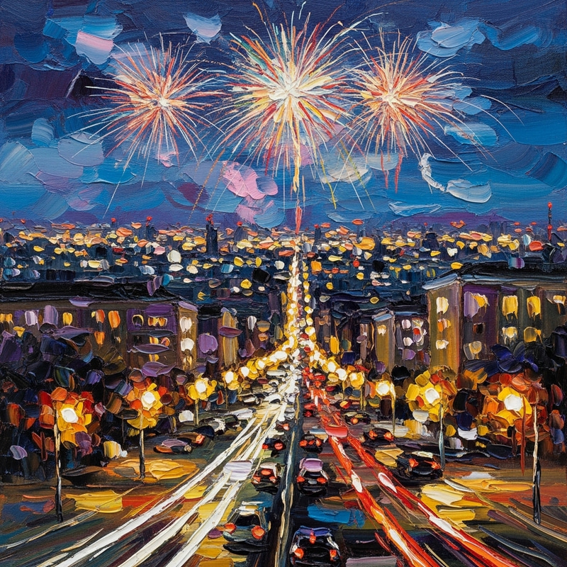 Festive Cityscape & Glowing Fireworks - Impressionist Celebration Festive Cityscape & Glowing Fireworks - Impressionist Celebration