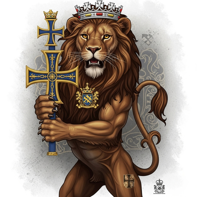 Historical Demi-Rampant Lion Holding Cross Crosslet - Russell Family Insignia Historical Demi-Rampant Lion Holding Cross Crosslet - Russell Family Insignia