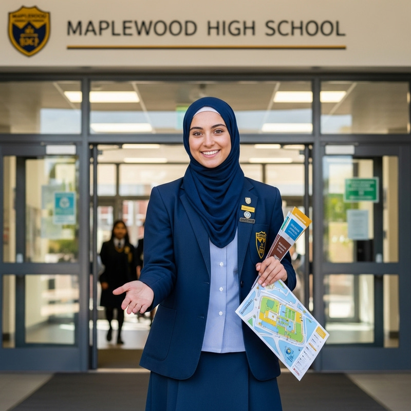 Beautiful Hijabi Student Welcoming School Guests Beautiful Hijabi Student Welcoming School Guests