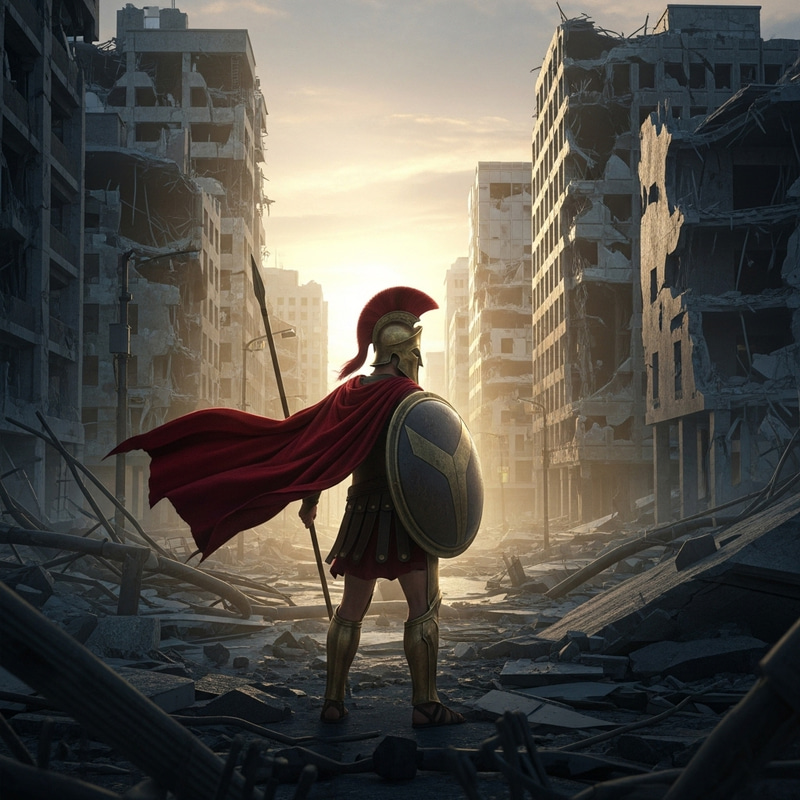 Spartan Warrior Amidst Destroyed City | Eerie Setting