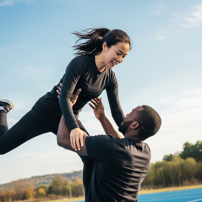 Dynamic Asian Woman Leaping to Catch Black Man - High-Speed Action Shot Dynamic Asian Woman Leaping to Catch Black Man - High-Speed Action Shot