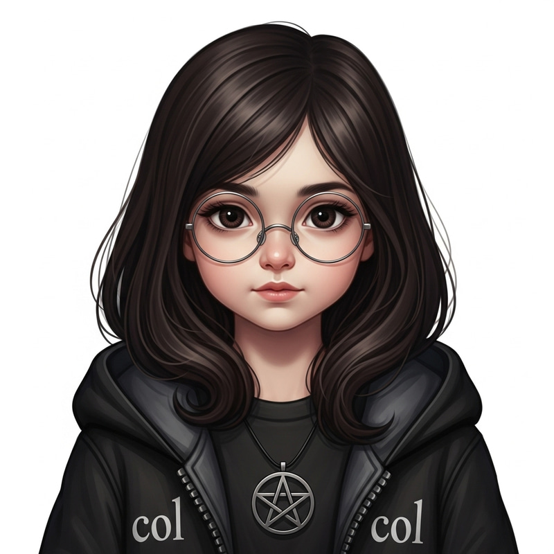 Dark Brown-Haired Girl in COL Hooded Jacket | Pentacle Pendant Dark Brown-Haired Girl in COL Hooded Jacket | Pentacle Pendant