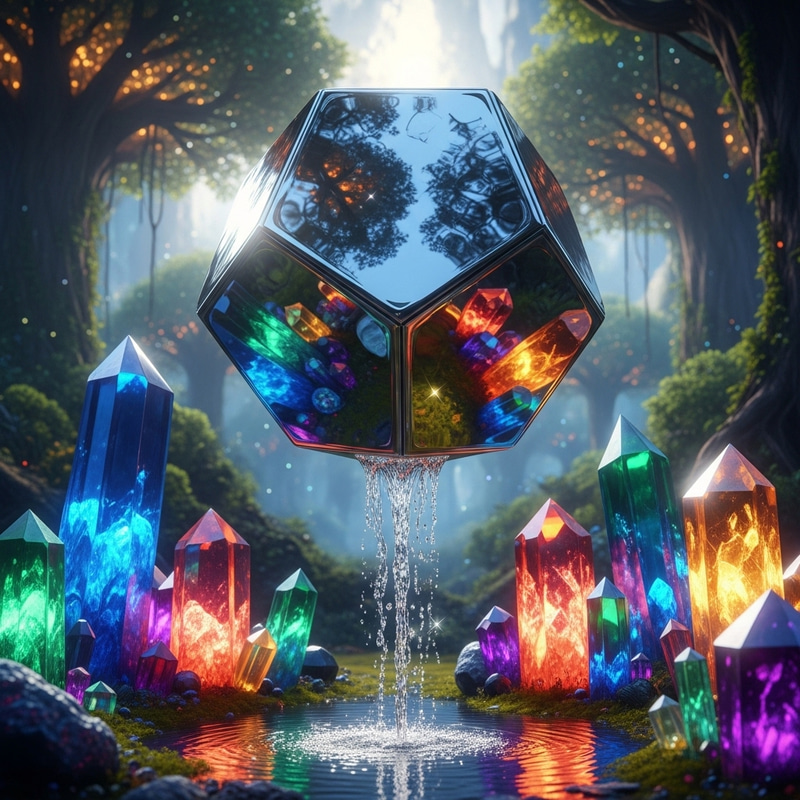 Visually Striking Metallic Geometric Object | Cascading Water & Colorful Crystals Visually Striking Metallic Geometric Object | Cascading Water & Colorful Crystals