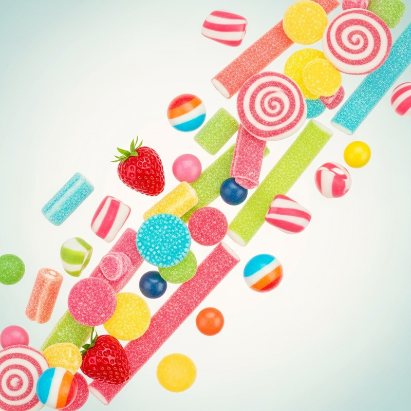 Vibrant Candy and Fruit Arrangement in Motion