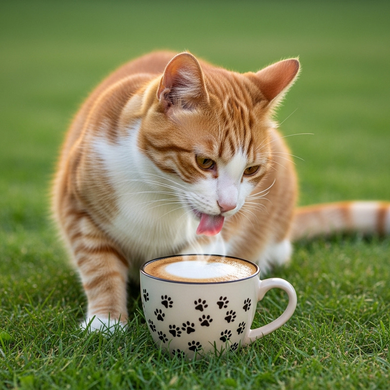 Adorable Cat Sipping Coffee on Grass | Charming Image Adorable Cat Sipping Coffee on Grass | Charming Image