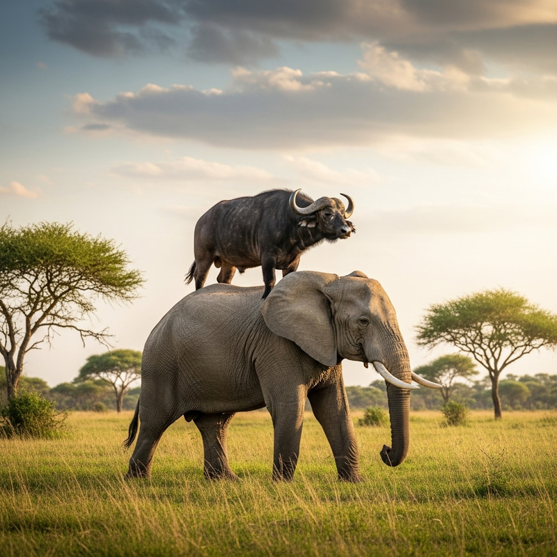 Buffalo & Elephant Ride in Natural Landscape Buffalo & Elephant Ride in Natural Landscape