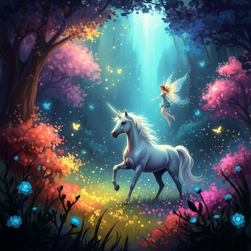 Majestic Mystical Fantasy Scene with Unicorn & Fairy Majestic Mystical Fantasy Scene with Unicorn & Fairy