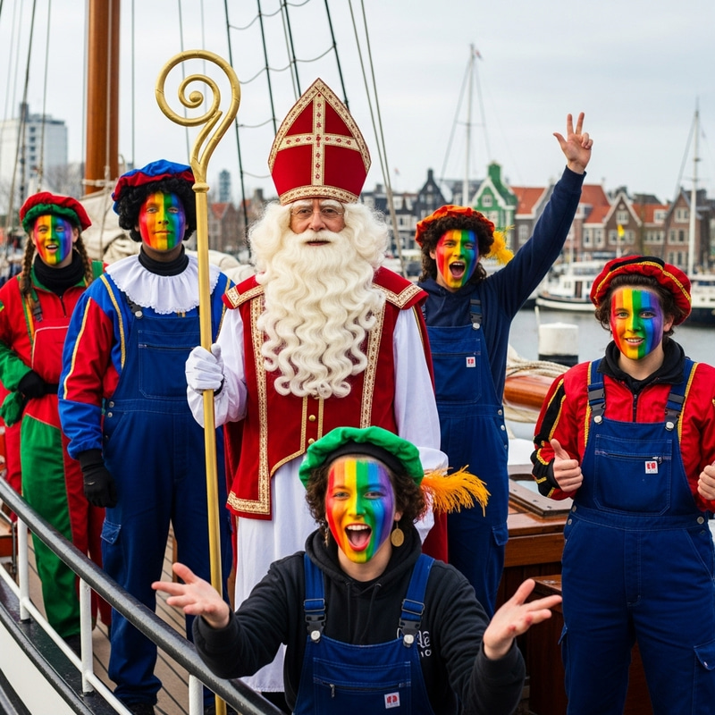 Sinterklaas on Ship with Rainbow Face Painted Petes in Digital Era Sinterklaas on Ship with Rainbow Face Painted Petes in Digital Era