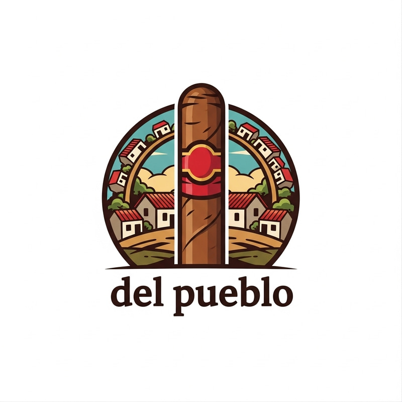 Del Pueblo Cigars - Handcrafted Cigar Logo with Village Background Del Pueblo Cigars - Handcrafted Cigar Logo with Village Background