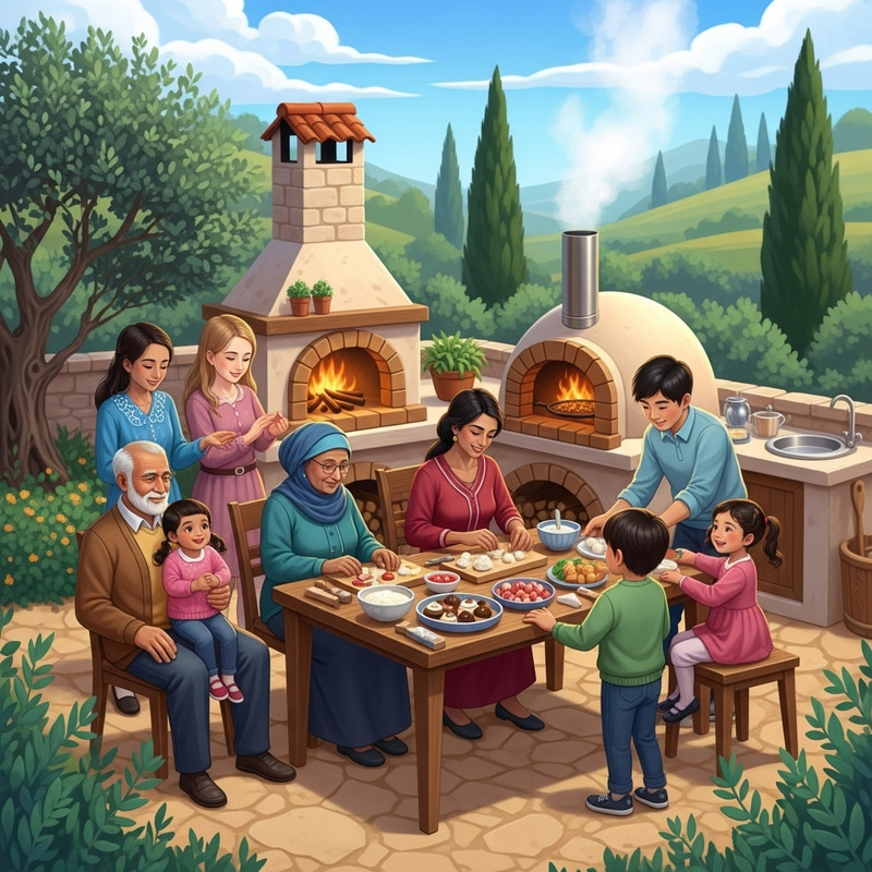 Joyful Levantine Family Celebrates New Year with Festive Desserts in Garden Setting