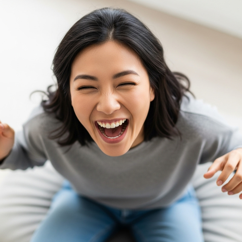 Joyful Asian Woman Tickled - Top View Tickling Scene