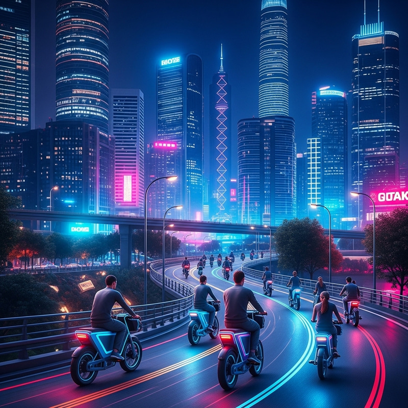 Ultimate Futuristic Cityscape | Vibrant Neon Lights & Sleek Electronic Bicycles
