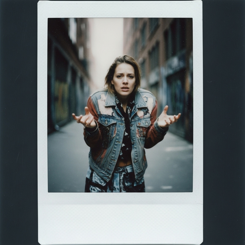 Overexposed Street Style Polaroid of Anxious Woman - Raw Style