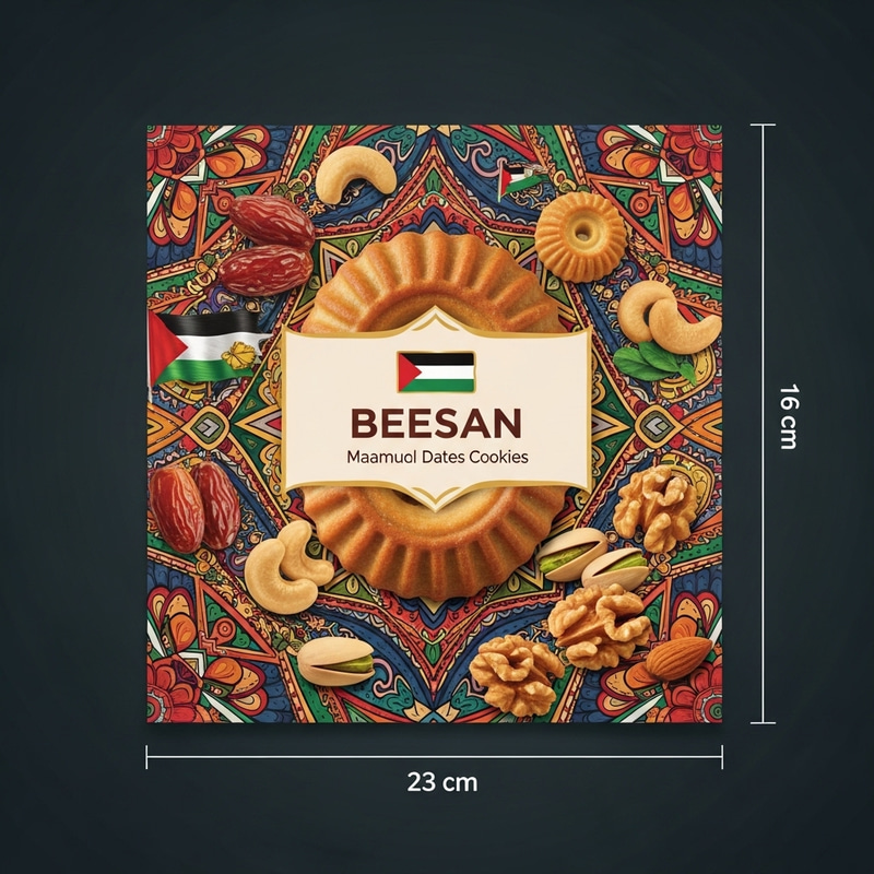 BEESAN Maamoul Dates Cookies: Vibrant Palestinian Heritage Packaging BEESAN Maamoul Dates Cookies: Vibrant Palestinian Heritage Packaging