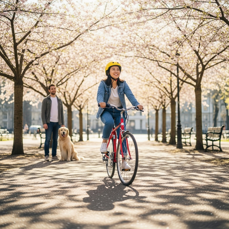 Joyful Woman Riding Bicycle in Blossom-filled Park