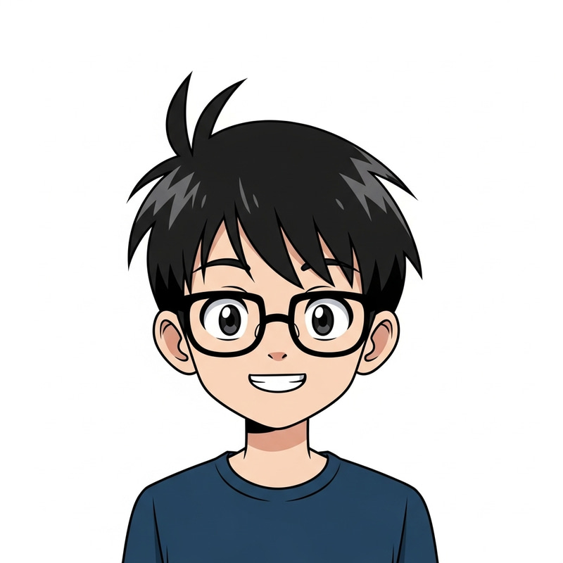 Cheerful Anime Boy with Dark Blue T-shirt and Glasses
