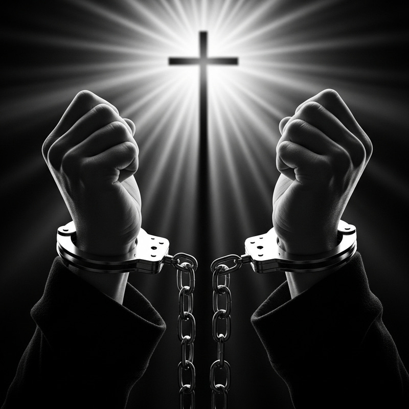 Glowing Christian Cross Amidst Chains - Surreal Liberation Glowing Christian Cross Amidst Chains - Surreal Liberation