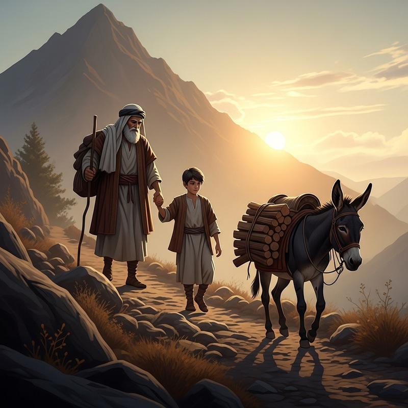 Solemn Biblical Scene: Abraham Leads Isaac Uphill with Obedience & Determination Solemn Biblical Scene: Abraham Leads Isaac Uphill with Obedience & Determination