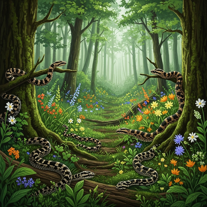 Majestic Serenity: Tranquil Woods and Enigmatic Snakes