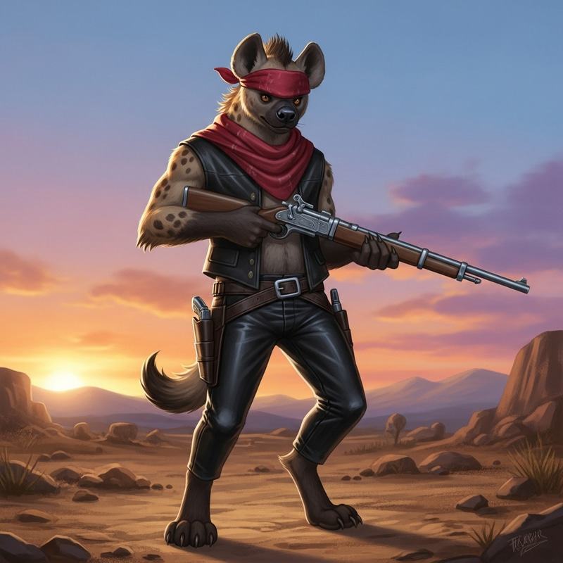 Hyena Bandit in Black Leather Pants with Rifle Hyena Bandit in Black Leather Pants with Rifle