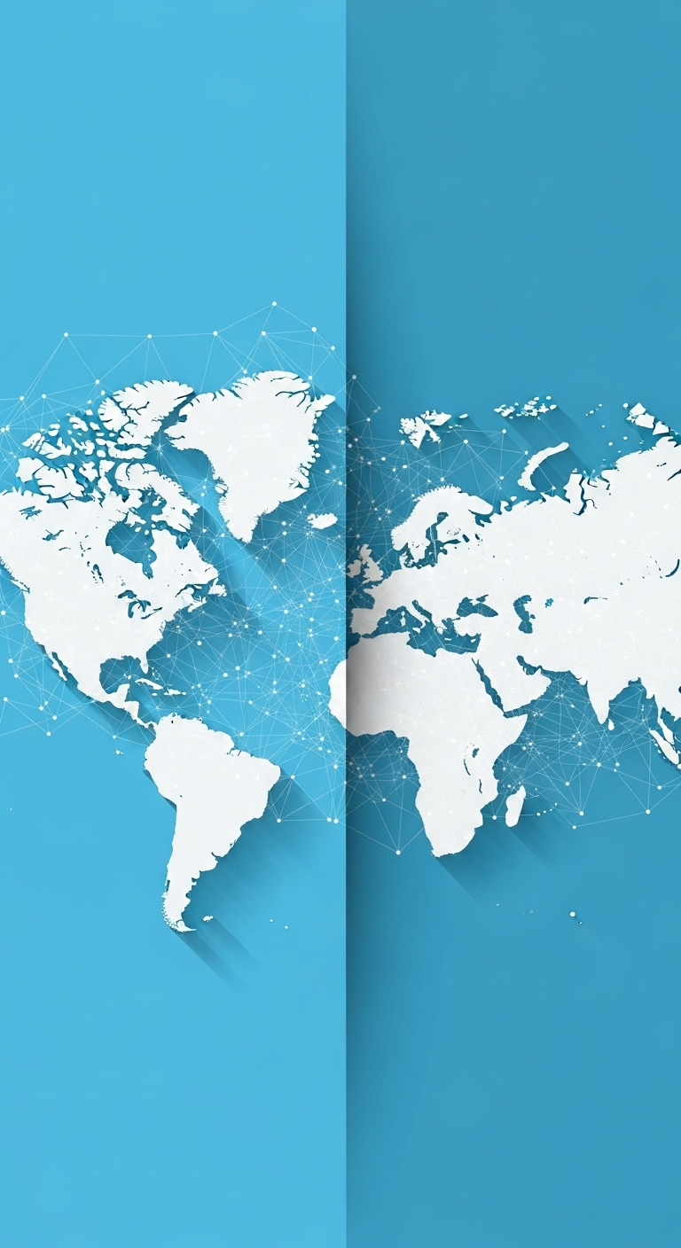 Sky-Blue Vertical Cut World Map with White Infrastructure Network