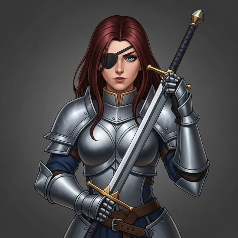 Brute 32-Year-Old Woman Knight with Eye Patch and Dark Red Hair Brute 32-Year-Old Woman Knight with Eye Patch and Dark Red Hair