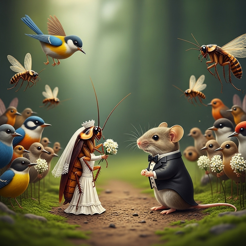 Whimsical Wedding: Female Cockroach & Male Mouse Ceremony in Natural Setting Whimsical Wedding: Female Cockroach & Male Mouse Ceremony in Natural Setting