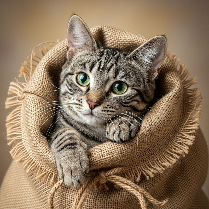 Curious Tabby Cat in Beige Burlap Bag Curious Tabby Cat in Beige Burlap Bag