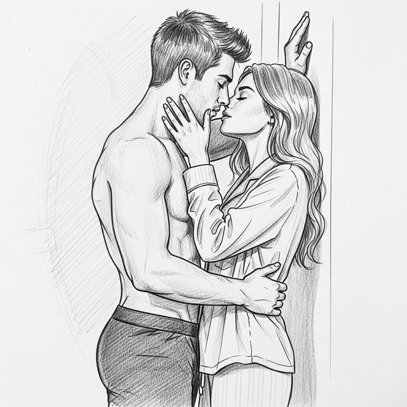 Tender American Couple's Kiss: Hand-Drawn Pencil Sketch Tender American Couple's Kiss: Hand-Drawn Pencil Sketch