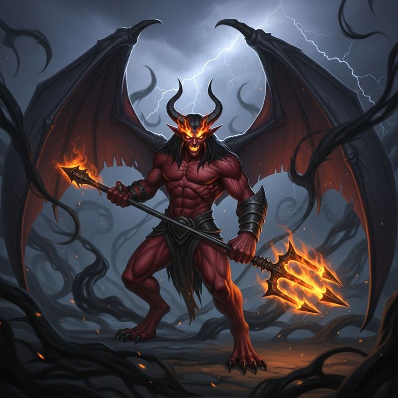 Majestic Demon with Fiery Eyes and Iron Trident