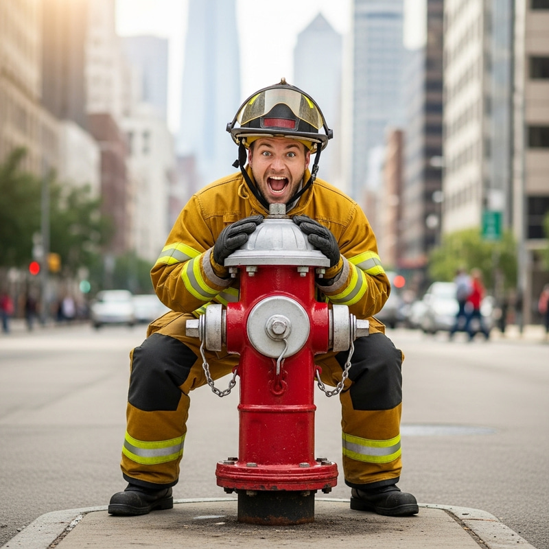 Firefighter Playfully Gnawing on Hydrant