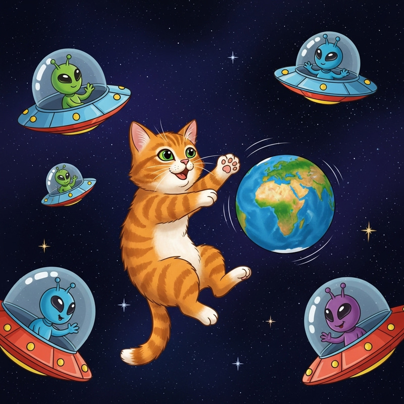 Playful Ginger Space Cat and UFOs with Colorful Aliens Playful Ginger Space Cat and UFOs with Colorful Aliens