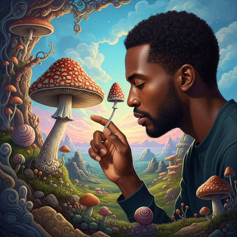 Man Communicating Telepathically with Psilocybin Mushroom in Intertwined Real and Psychedelic Landscape Man Communicating Telepathically with Psilocybin Mushroom in Intertwined Real and Psychedelic Landscape
