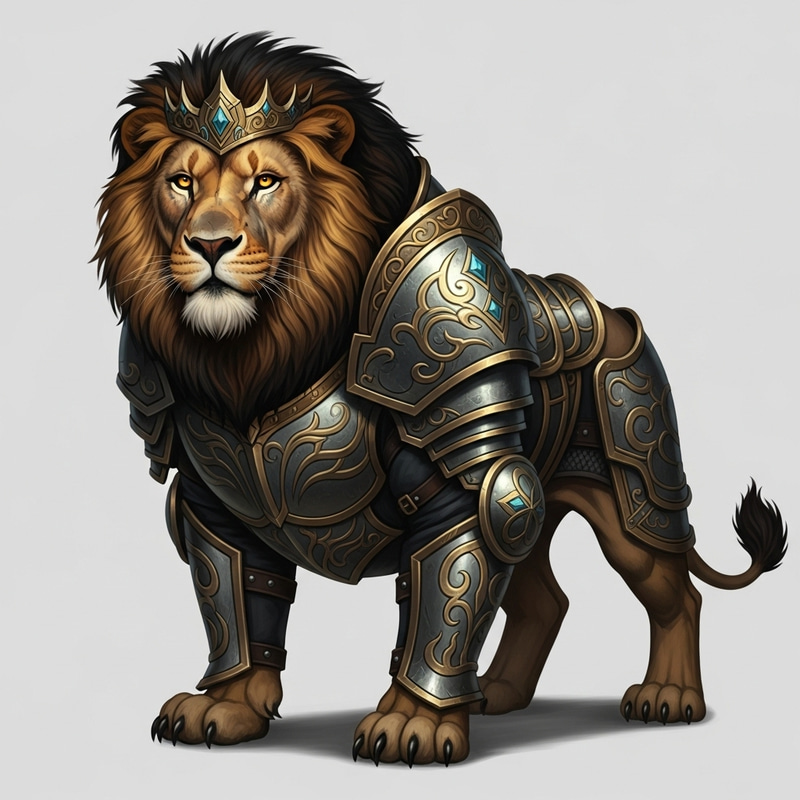 Formidable Lion with Black Mane and Gold Eyes in Artistic Armor Formidable Lion with Black Mane and Gold Eyes in Artistic Armor