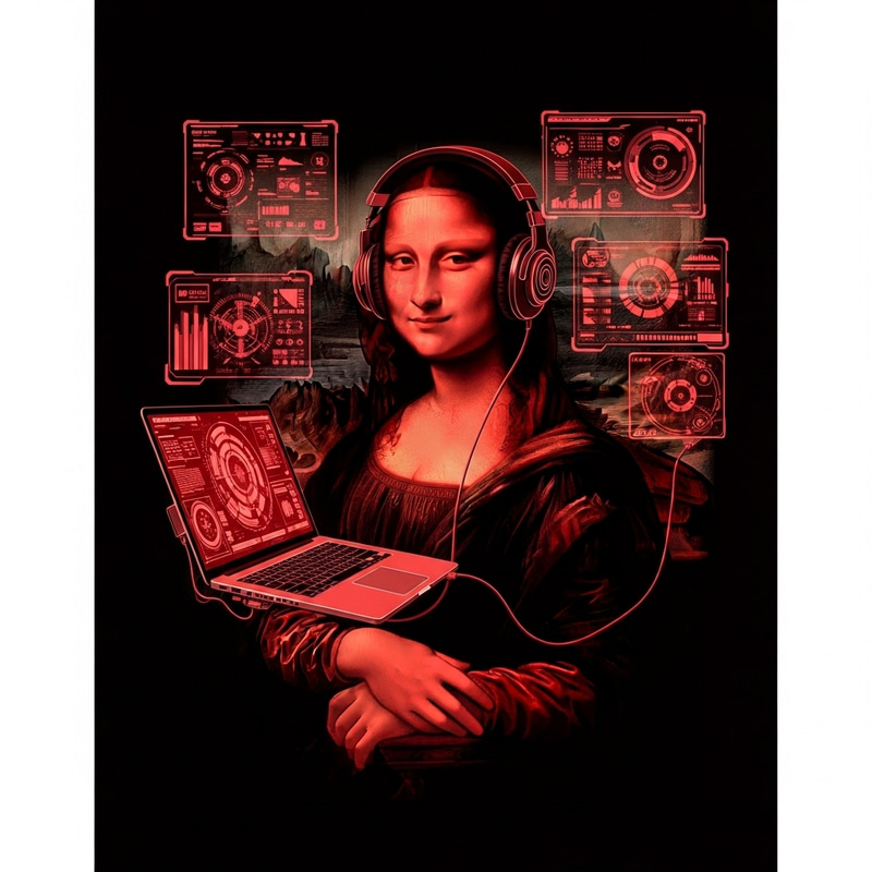 Modern Monalisa with Laptop & Headphones Modern Monalisa with Laptop & Headphones