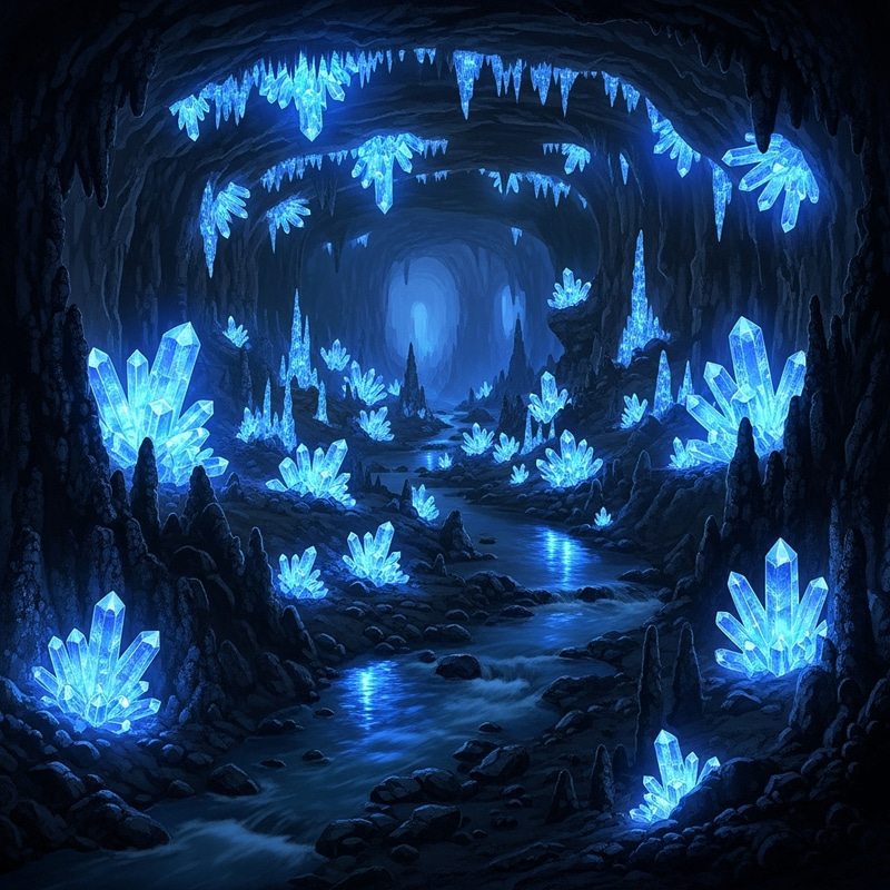 Mysterious Underground Cave with Glowing Crystals and River Mysterious Underground Cave with Glowing Crystals and River
