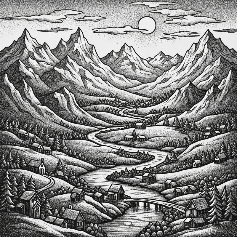 Stunning Landscape Relief Print: Snow-Capped Mountains, Meandering Rivers Stunning Landscape Relief Print: Snow-Capped Mountains, Meandering Rivers