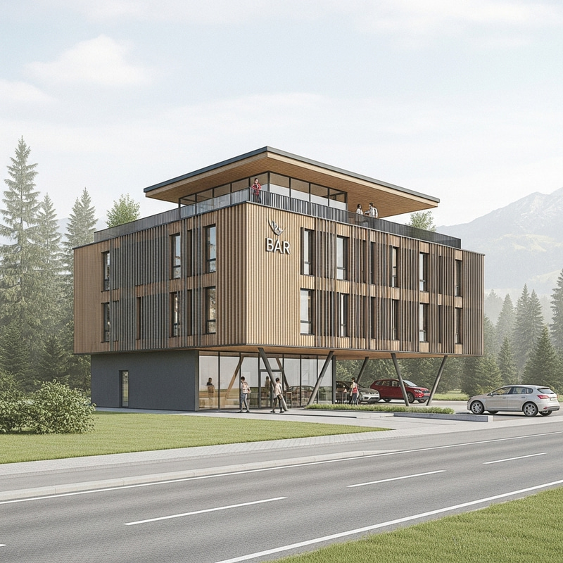 Minimalist Office Building with Rooftop Bar and Nature Views Minimalist Office Building with Rooftop Bar and Nature Views
