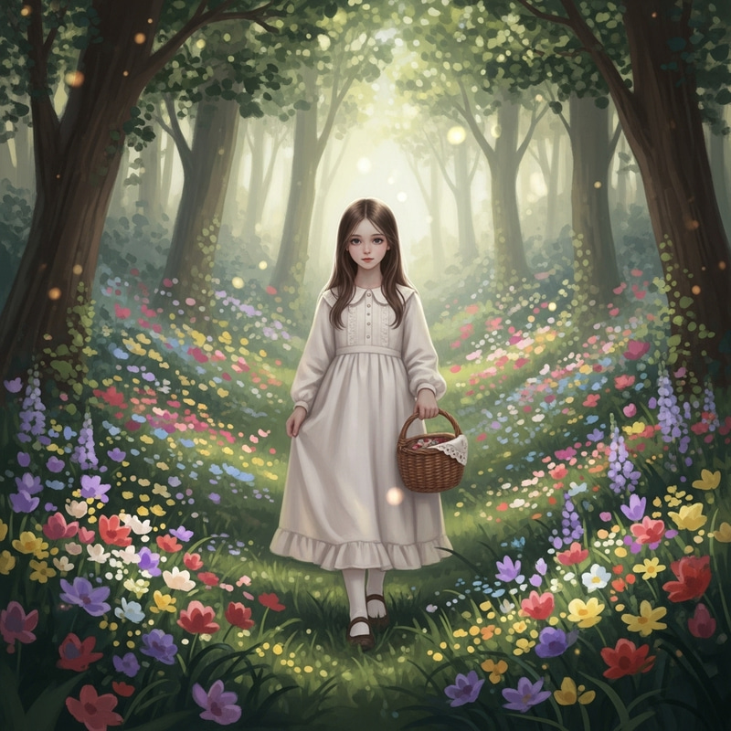 Dreamy Forest Wander: Youthful Girl Amid Vibrant Flowers Dreamy Forest Wander: Youthful Girl Amid Vibrant Flowers