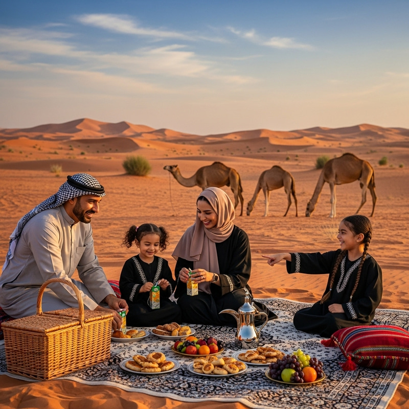 Middle-Eastern Family with Two Children Enjoying a Desert Picnic Adventure Middle-Eastern Family with Two Children Enjoying a Desert Picnic Adventure