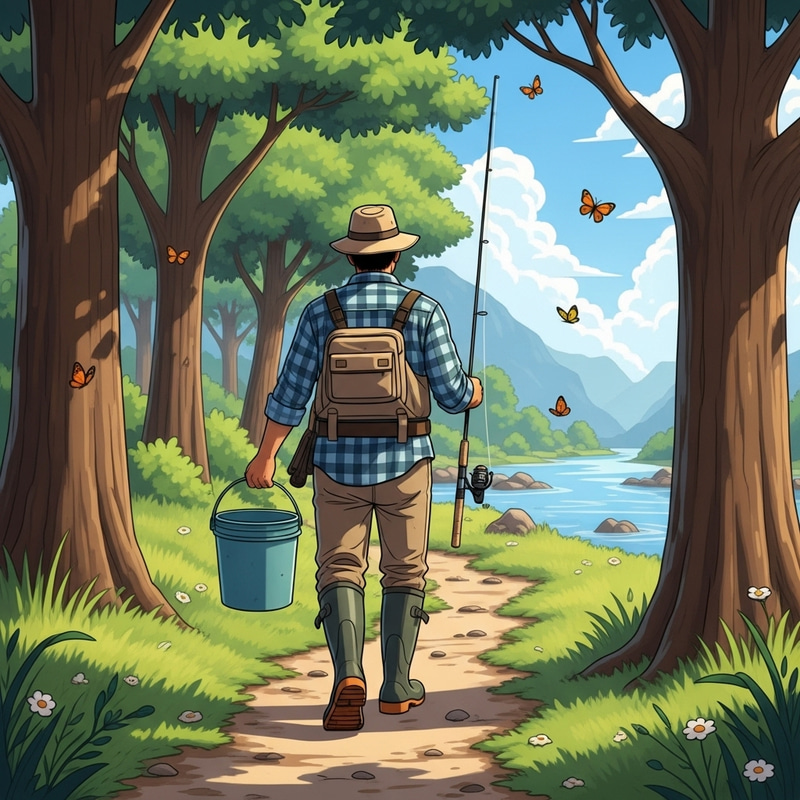 Hispanic Fisherman Walking to River with Bucket and Fishing Rod in Rubber Boots