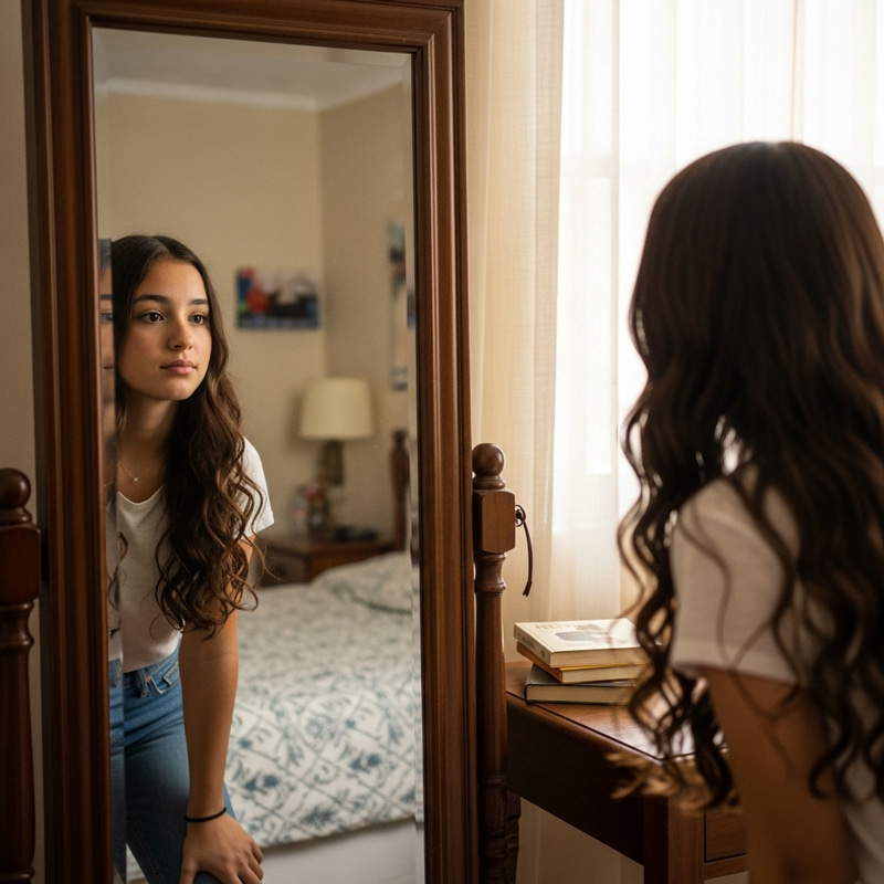 Realistic Image of 16-Year-Old Brown-Haired Hispanic Girl in Mirror Realistic Image of 16-Year-Old Brown-Haired Hispanic Girl in Mirror